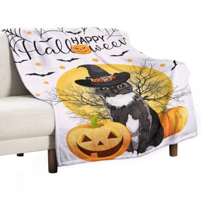 CustonCares Fleece Blanket 30 x 40 in, Happy Halloween Black Cat Witch Hat, Warm Lightweight Blanket with Black Cat and Moon Design