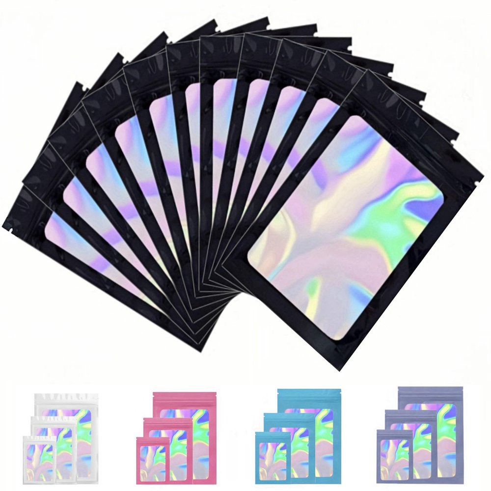 Rimiko 150-Pack Aluminum Foil Ziplock Bags with Tear Notches and Transparent Window, Resealable Mylar Bags, Black Holographic, 7 x 10 cm
