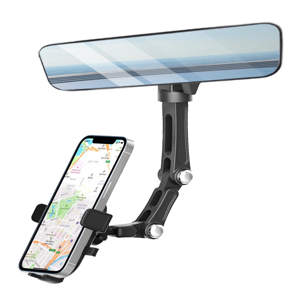 Karmus Rearview Mirror Phone Holder for Cars, Rotating and Extendable
