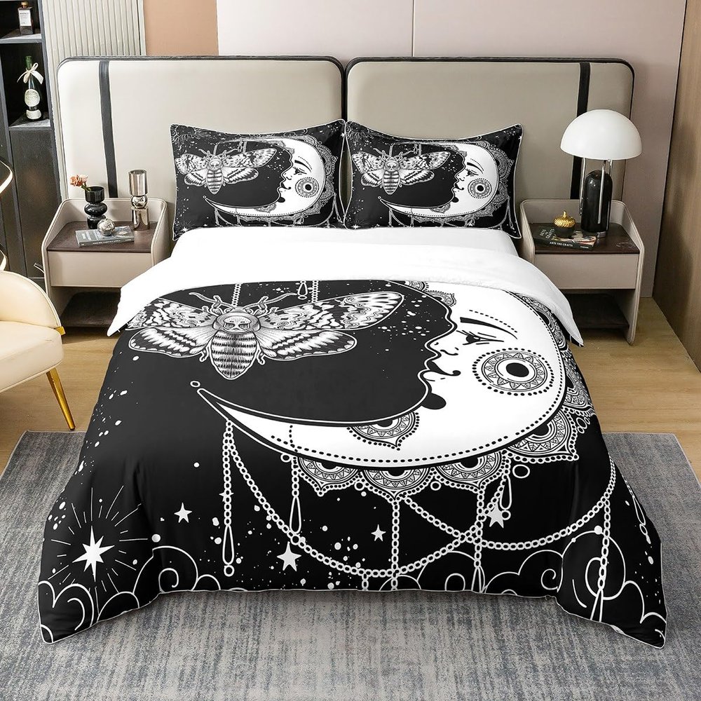 Boho Moth 100% Cotton Duvet Cover Set, 220 x 240 cm, Black and White Sun & Moon, Gothic Moth Skull, Galaxy Starry Sky Tribal Mandala