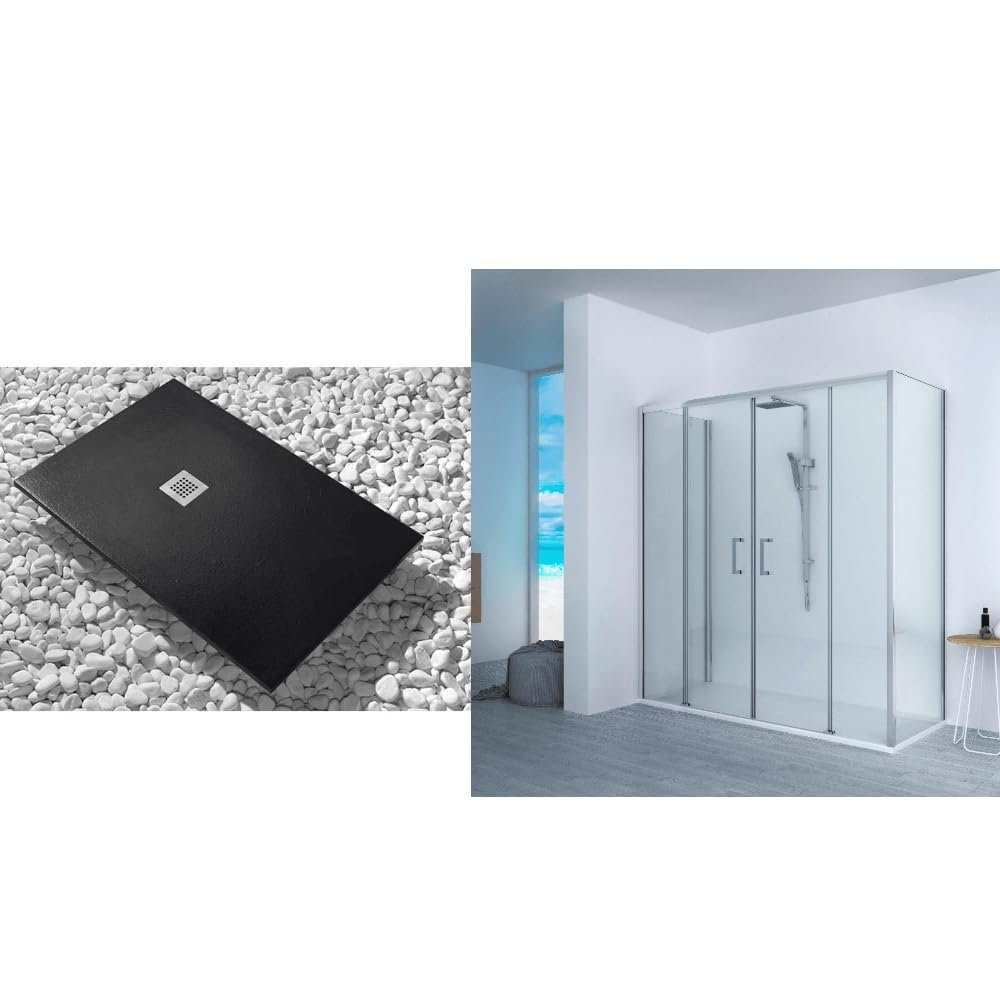 Vulcano Line Extra Slim Black Shower Tray 90 x 165 cm + Shower Enclosure 90 x 165 cm, 200 cm High