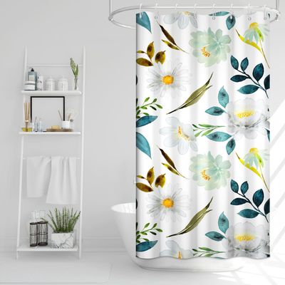 Ruelvth Small Shower Curtain Set, Watercolor Daisies, White and Blue, with Hooks, 91.4 x 183.9 cm