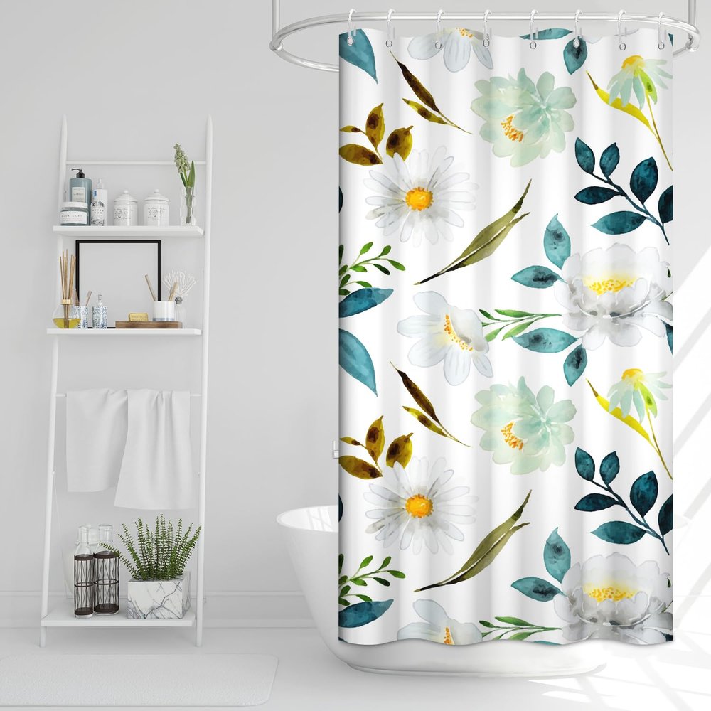 Ruelvth Small Shower Curtain Set, Watercolor Daisies, White and Blue, with Hooks, 91.4 x 183.9 cm