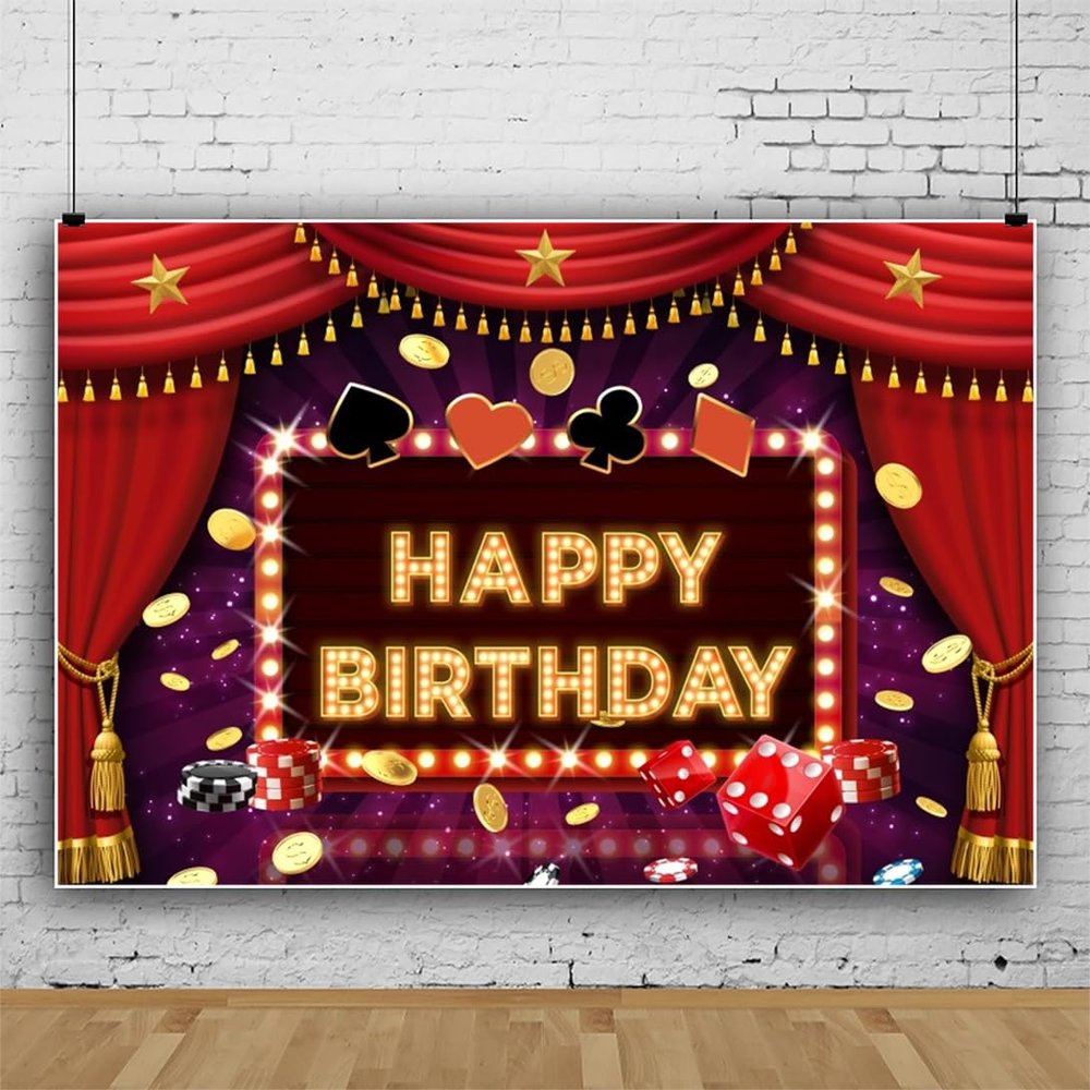 Ttincceer Happy Birthday Photography Backdrop, 150 x 100 cm, Red Casino Poker Dice, Gold Coins and Stars