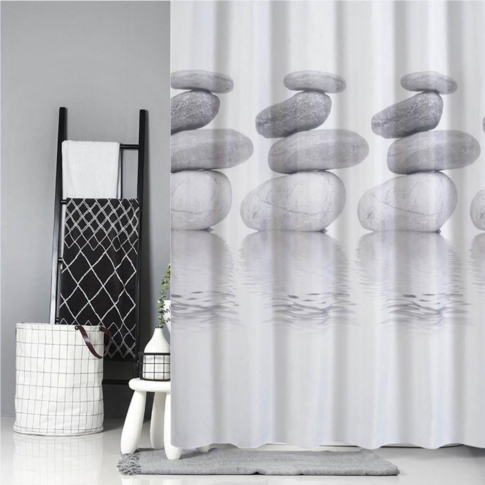 KEPPD Zen Decor Shower Curtain, Gray and White Stone, Waterproof Fabric, 180 x 220 cm