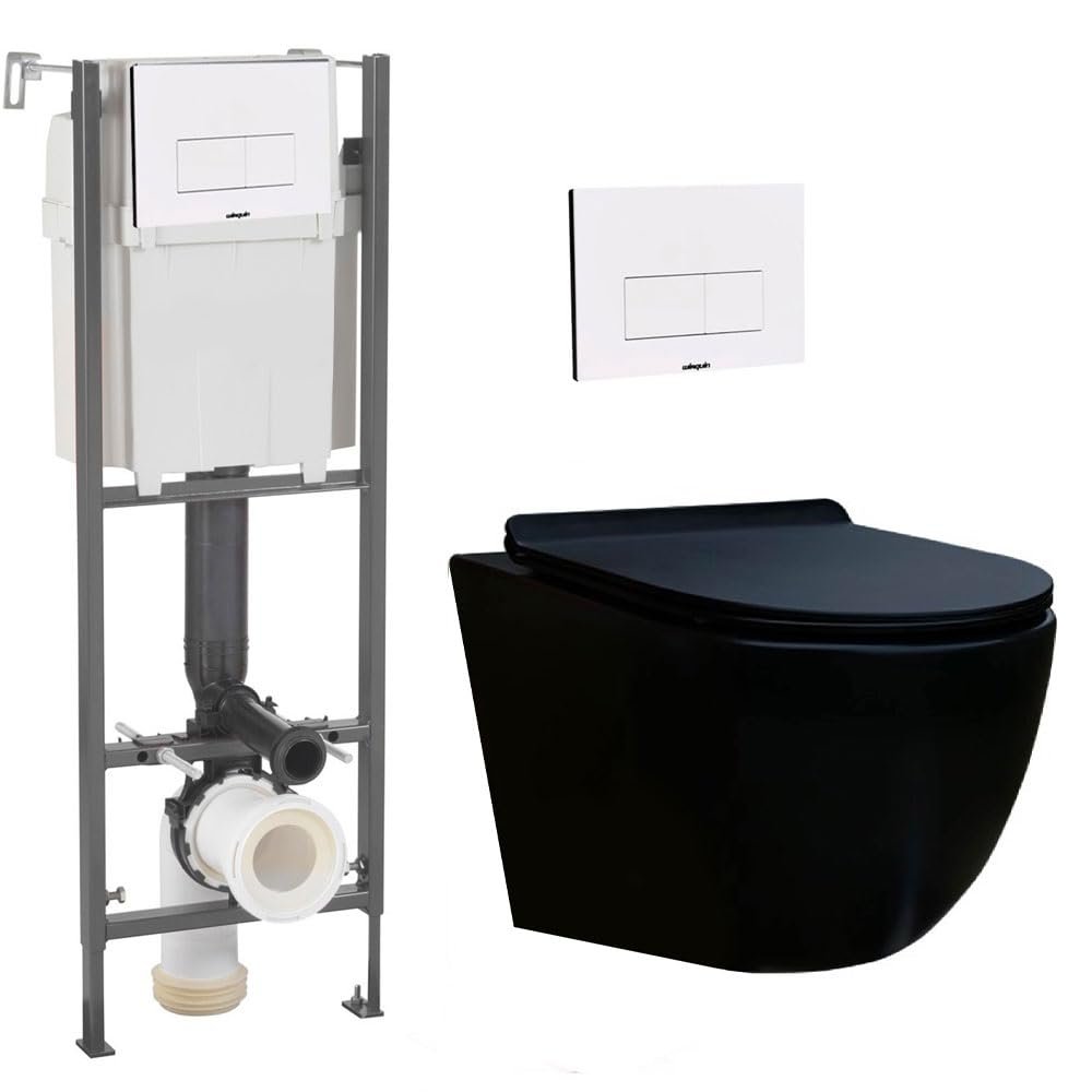 Bati Initio Rimless Wall-Hung Toilet Set, Matte Black Bowl, White Design Flush Plate
