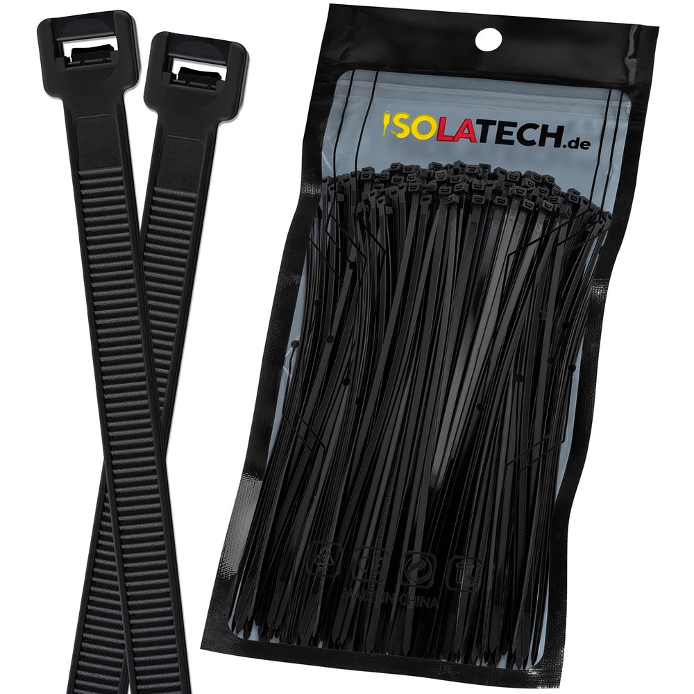 ISOLATECH 1,000 Black Cable Ties, 200 x 3.6 mm, Nylon, UV- and Heat-Resistant