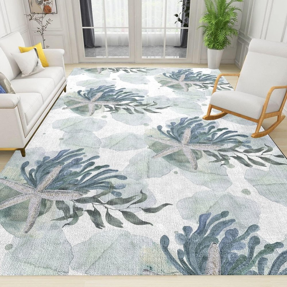 BEIGGA Nautical Coastal Area Rug, Starfish, Seaweed and Coral Pattern, 70 x 140 cm