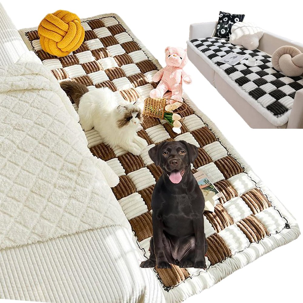 Cream Fluffy Plaid Pet Mat and Couch Cover