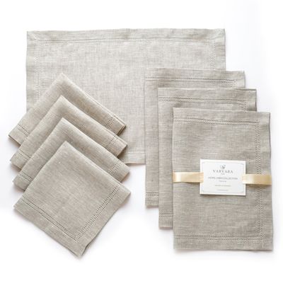 Varvara Home 4 Linen Napkins & 4 Placemats, Hemstitch, Beige, Farmhouse Style, 8-Piece Set