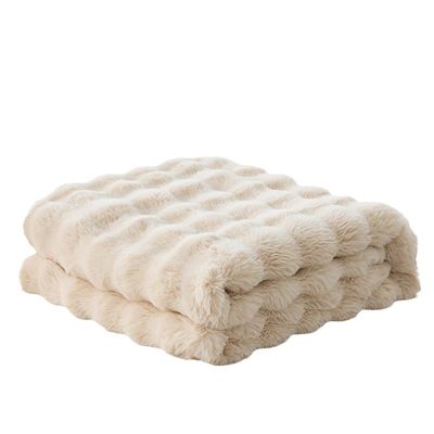 Fudaiki Faux Fur Plaid Sherpa Fleece Throw Blanket, Beige, 70 x 100 cm