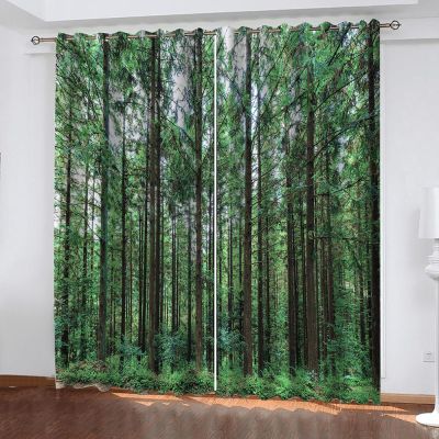 GELOUT 3D Blackout Curtains, 2-Piece Set, Green Forest, 183 cm L x 116 cm W