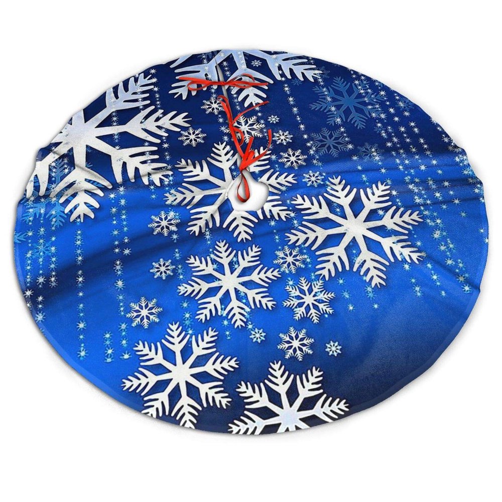 702 Christmas Tree Skirt, Snowflakes on Blue Royal Fleece