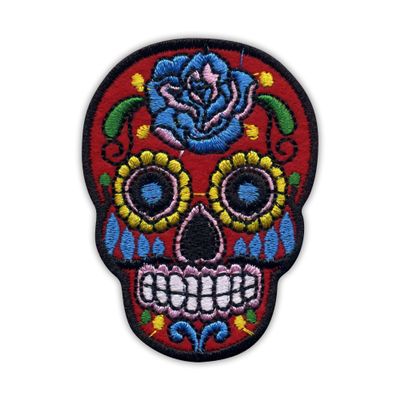 Red Mexican Calavera Skull Embroidered Patch with Black Velcro Backing