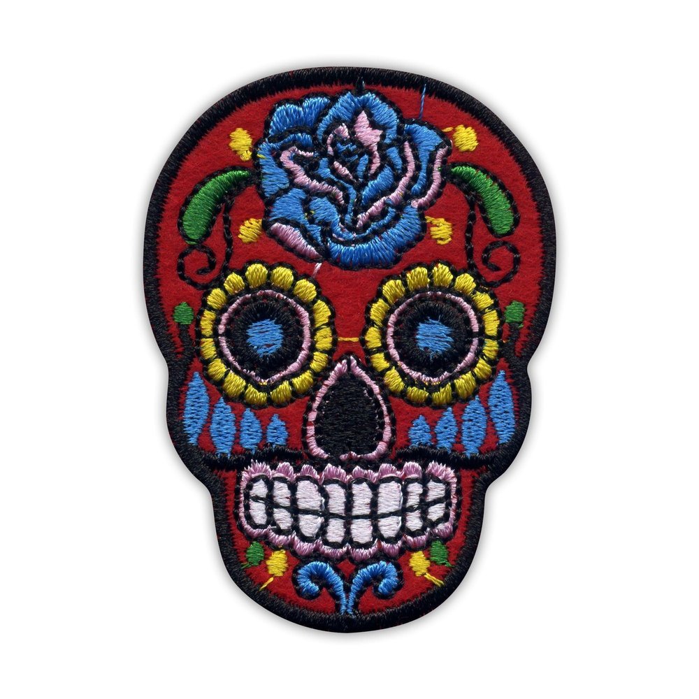 Red Mexican Calavera Skull Embroidered Patch with Black Velcro Backing
