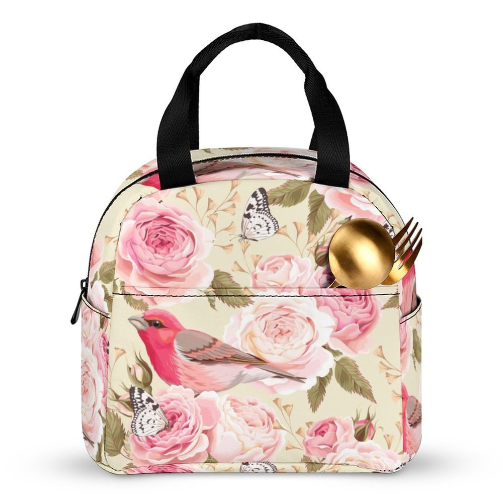 Insulated Lunch Bag with Summer Bird Rose Flower and Pink Butterfly Design