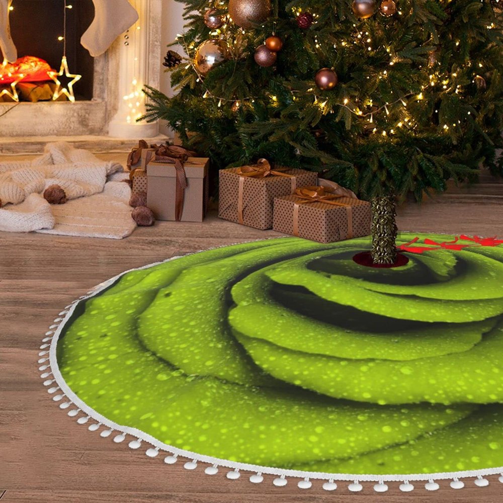 Green Rose Christmas Tree Skirt, 76.2 cm, with Pom-Pom Trim