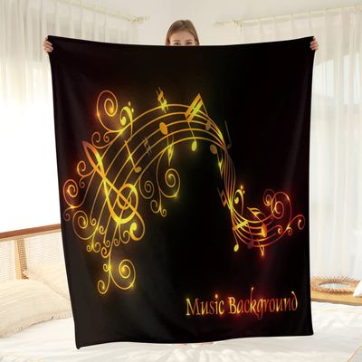 Aotximlat Music Note Blanket, Black Plush Throw with Gold Music Symbols