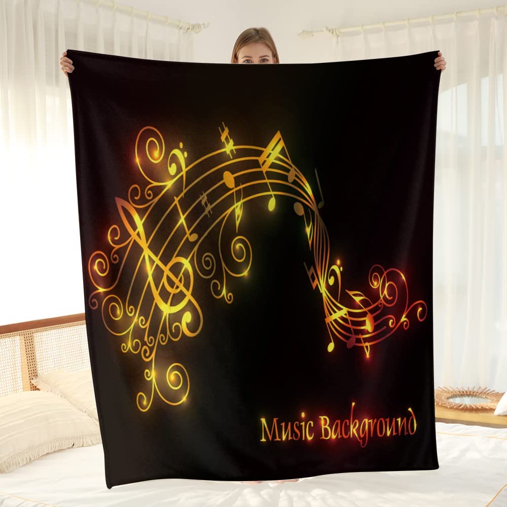 Aotximlat Music Note Blanket, Black Plush Throw with Gold Music Symbols