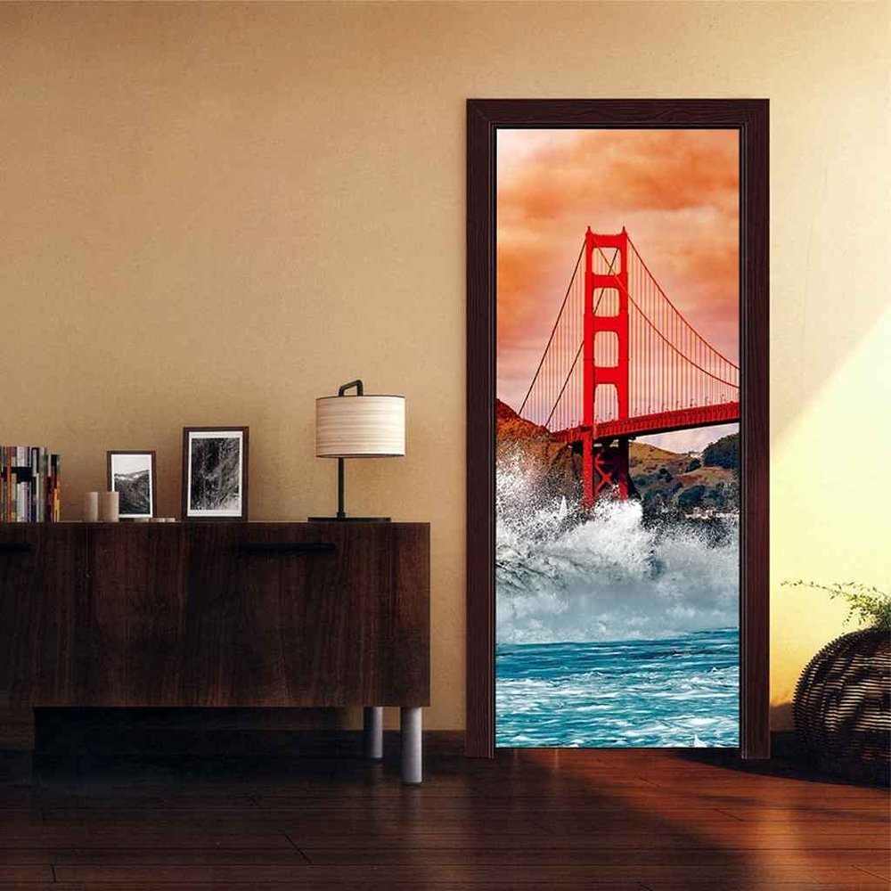 3D Ocean Red Bridge Building Door Wallpaper, Self-Adhesive Sticker, 90 x 210 cm