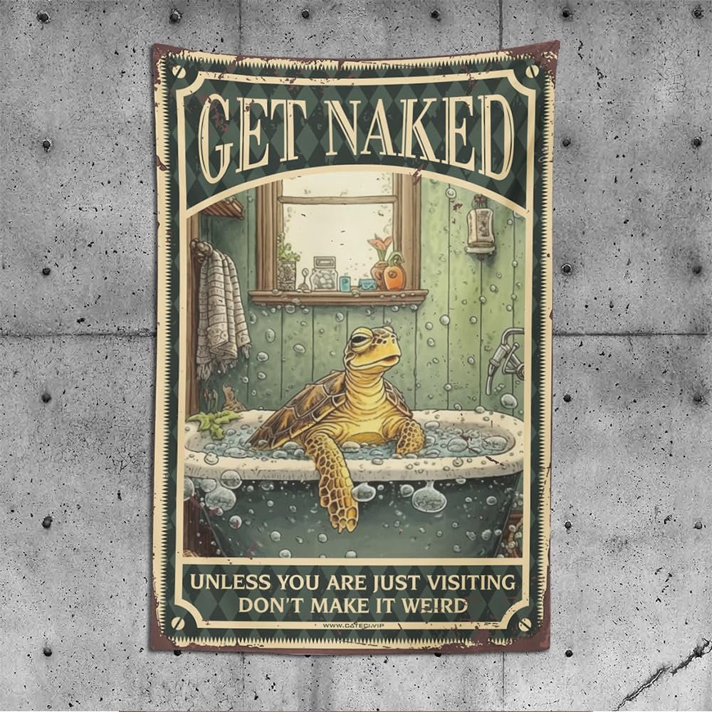 Tapsterys Sea Turtle Wall Tapestry, “Get Naked Unless You Are Just Visiting—Don’t Make It Weird,” Bar and Man Cave Decor, 100 x 150 cm