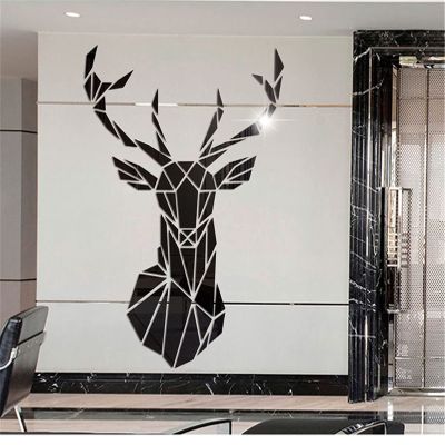 Wall Mural Decoration, 3D Mirror Wall Stickers, Deer Wall Sticker, Self-Adhesive Mirror Tiles, Living Room, Bedroom, Backdrop, Wall Mirror Stickers (Gold, 72 x 43 cm) (Color: Black)