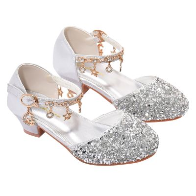 BOTCAM Girls' Princess Dress Shoes with Low Heels, Rhinestones and Bows, Silver-A, 32 Big Kids