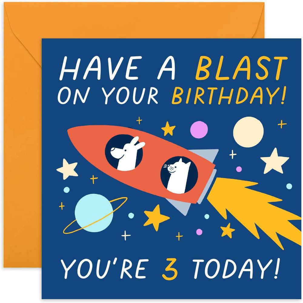 Old English Co. 3rd Birthday Card for Boy or Girl, Rocket Space Stars
