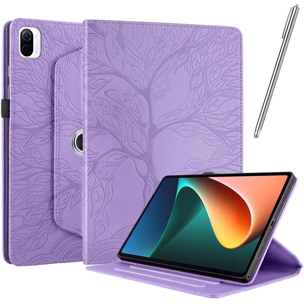 NETANY Case for Xiaomi Pad 5 / Pad 5 Pro, PU Leather Flip Cover with Stylus Holder, 360° Adjustable Stand, Tree of Life, No Auto Sleep/Wake, Purple