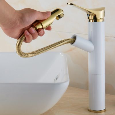 Extendable Copper Telescopic Single-Hole Bathroom Faucet, Ivory White, Raised