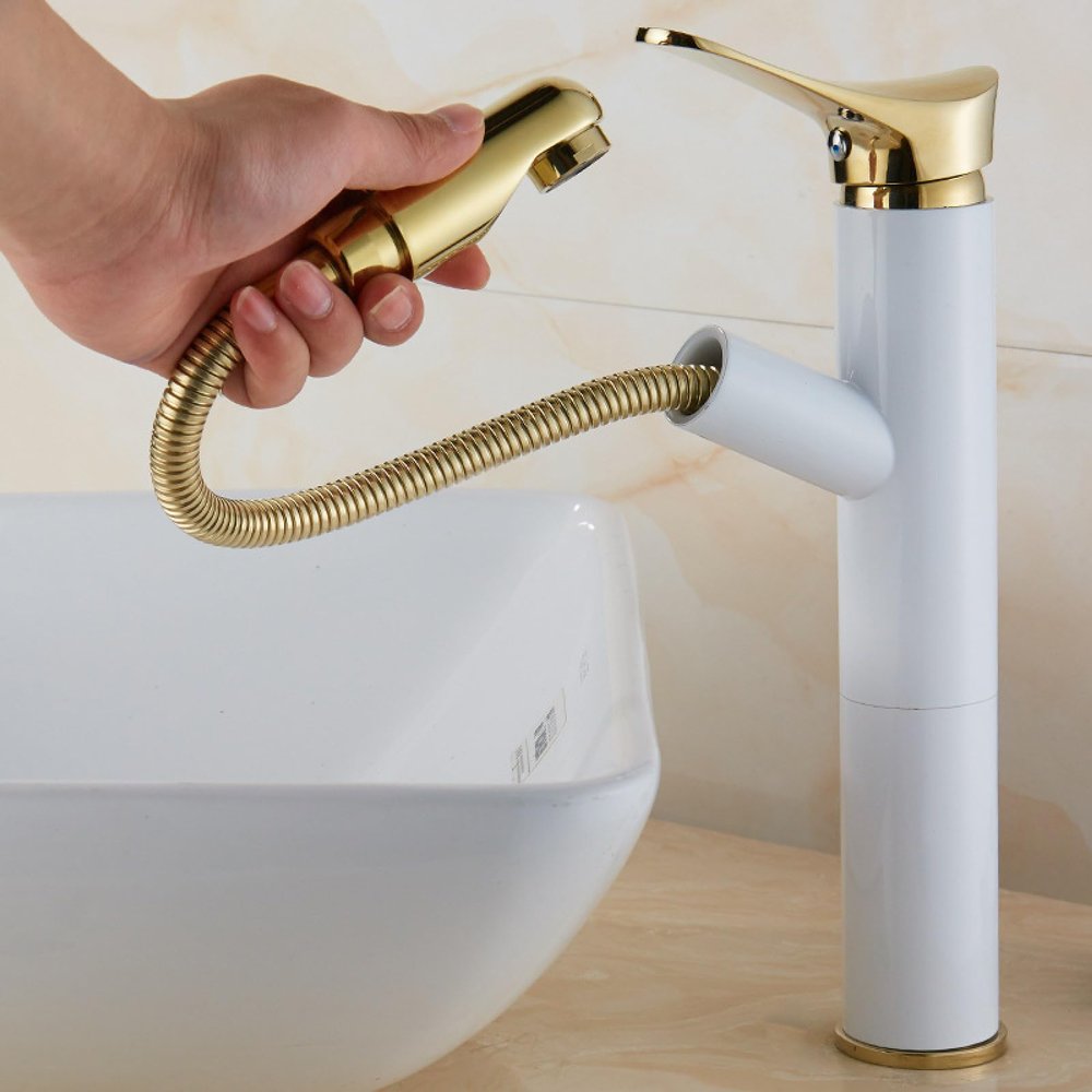 Extendable Copper Telescopic Single-Hole Bathroom Faucet, Ivory White, Raised