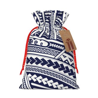Blue Polynesian Maori Tribal Pattern Christmas Gift Bag with Drawstring