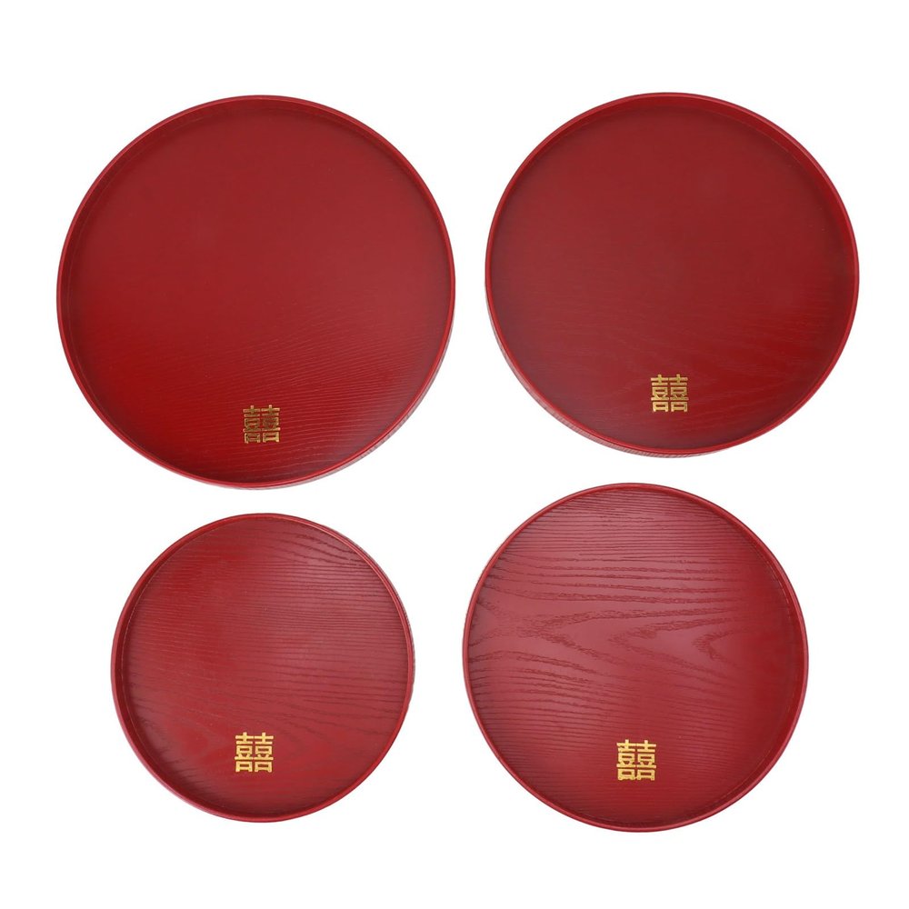 Red Solid Wood Chinese-Style Tea Serving Trays, 4-Piece Set