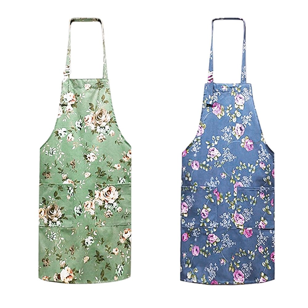 MEMOFYND 2-Pack Women's Vintage Floral Cooking Aprons with 2 Pockets, Blue and Green