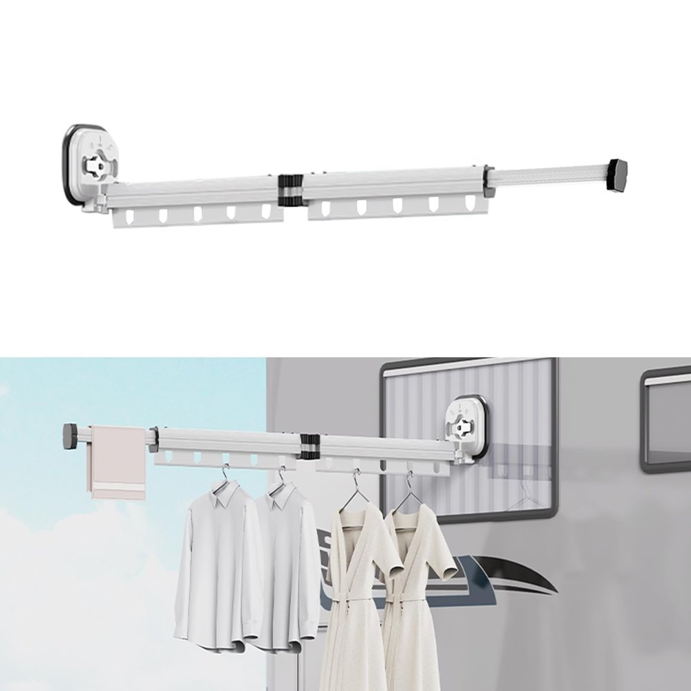 Retractable Wall-Mounted Clothes Rack with Suction Cups, Hooks & Towel Holder, Milky White, 2-Fold