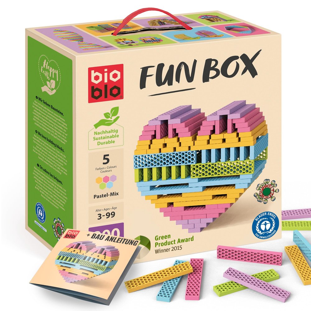 bioblo Wooden Building Blocks from Recycled Materials, Fun Box Pastel Mix, 200 Pieces