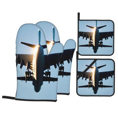 Airplane-Print Oven Mitts and Pot Holders, 4-Piece Set