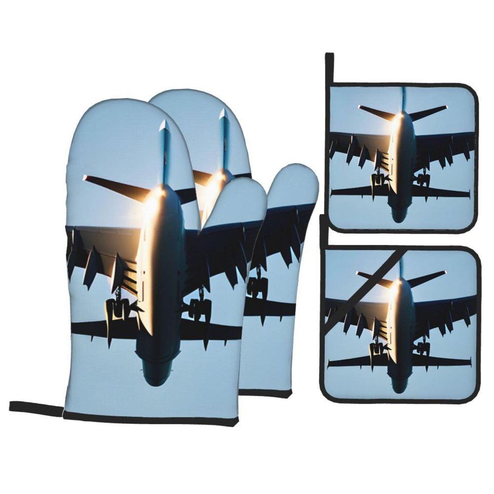 Airplane-Print Oven Mitts and Pot Holders, 4-Piece Set