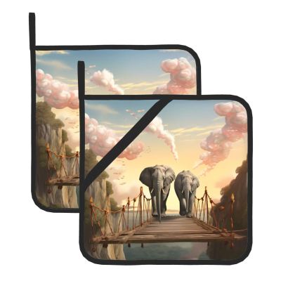 Square Pot Holder Set with Elephant on a Bridge, Heat-Resistant, Waterproof, 2-Piece