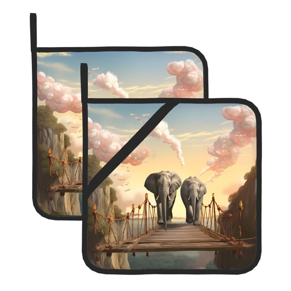 Square Pot Holder Set with Elephant on a Bridge, Heat-Resistant, Waterproof, 2-Piece