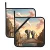 Square Pot Holder Set with Elephant on a Bridge, Heat-Resistant, Waterproof, 2-Piece view 1