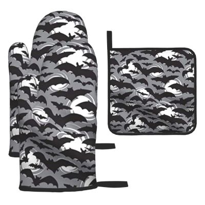 VGFJHNDF Oven Mitts and Pot Holder, Gray Halloween Bat Print, Heat-Resistant, Waterproof, 3-Piece Set