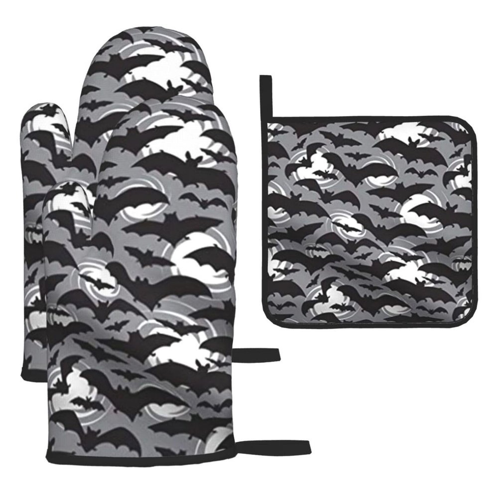 VGFJHNDF Oven Mitts and Pot Holder, Gray Halloween Bat Print, Heat-Resistant, Waterproof, 3-Piece Set