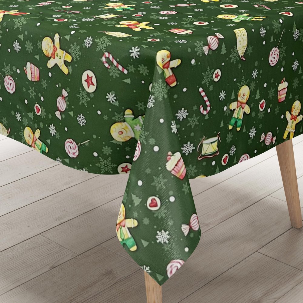 KEVKUS P1203-3 Green Christmas Gingerbread Man Oilcloth Tablecloth, Rectangular/Round/Oval, 120 x 120 cm, Raw Edge