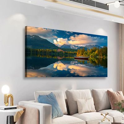 Landscape Canvas Wall Art with Forest, Lake and Boat, 50.8 x 101.6 cm