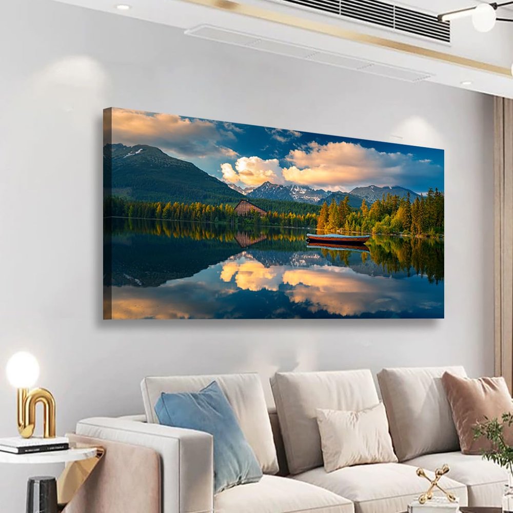 Landscape Canvas Wall Art with Forest, Lake and Boat, 50.8 x 101.6 cm