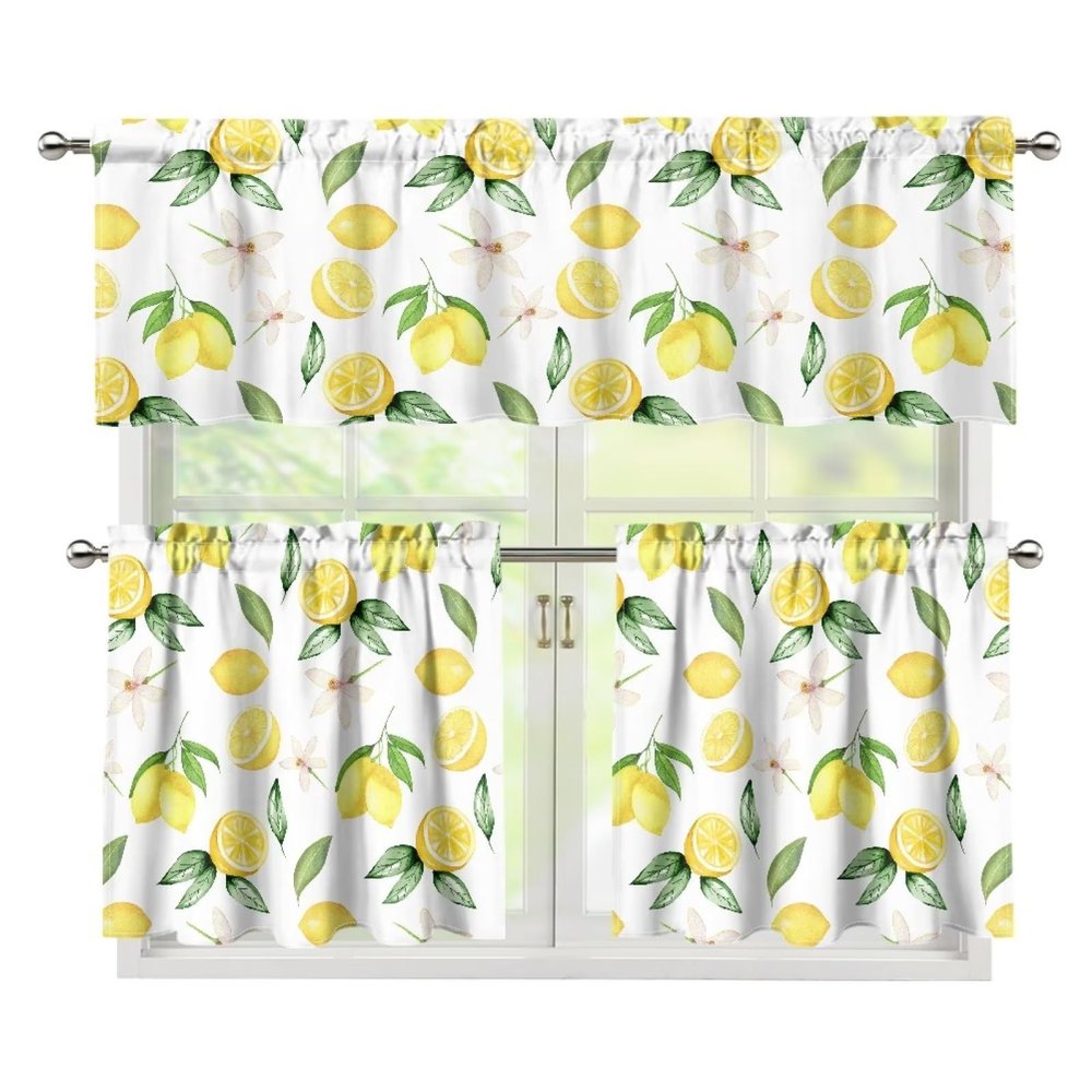 Suhoaziia Lemon-Print Kitchen Curtain Set with Valance and Tiers