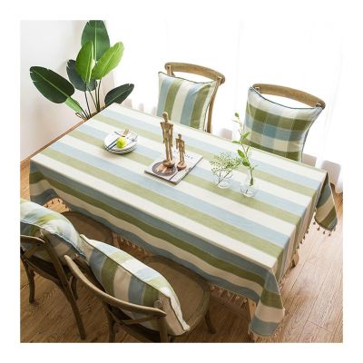 KnSam Green Cotton-Linen Tablecloth with Stripes and Tassels, 140 x 140 cm