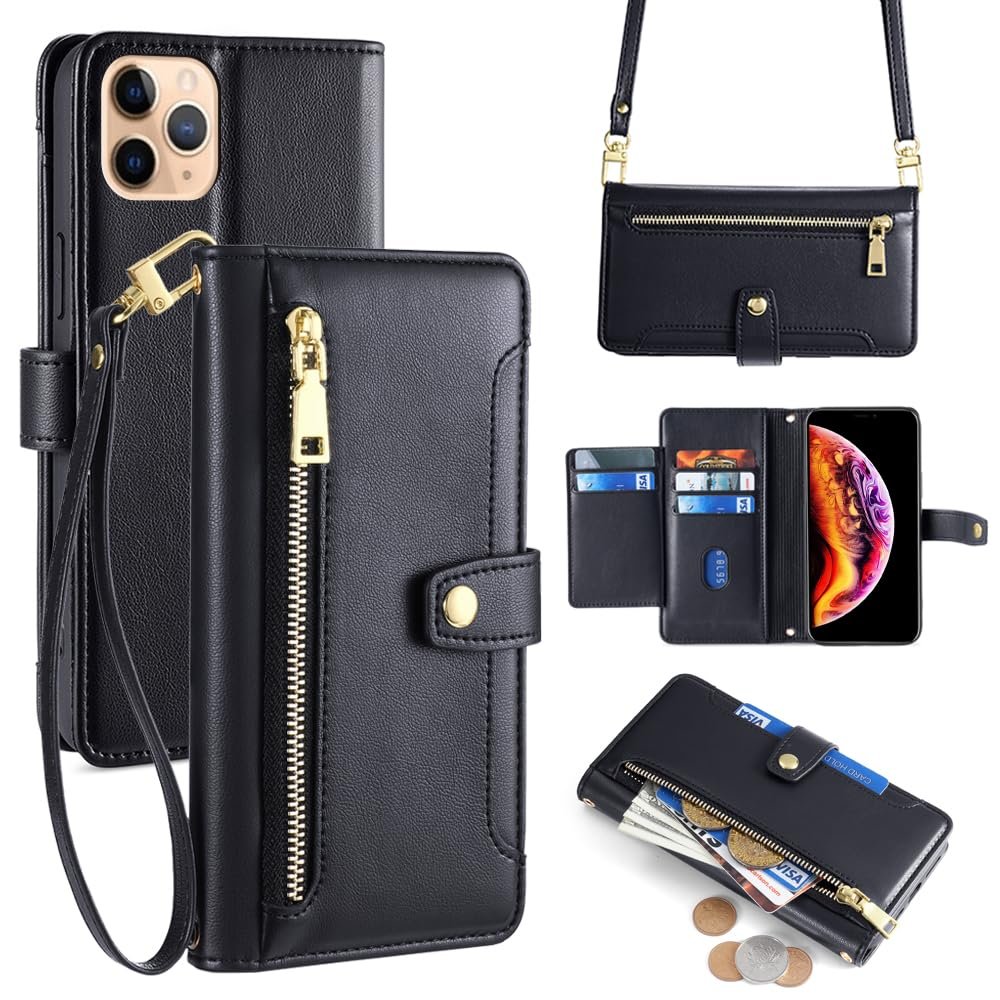 Arseaiy Protective Case for Samsung Galaxy A01 EUR with Crossbody Strap, Magnetic Folio, Zipper Pocket, Stand, Black
