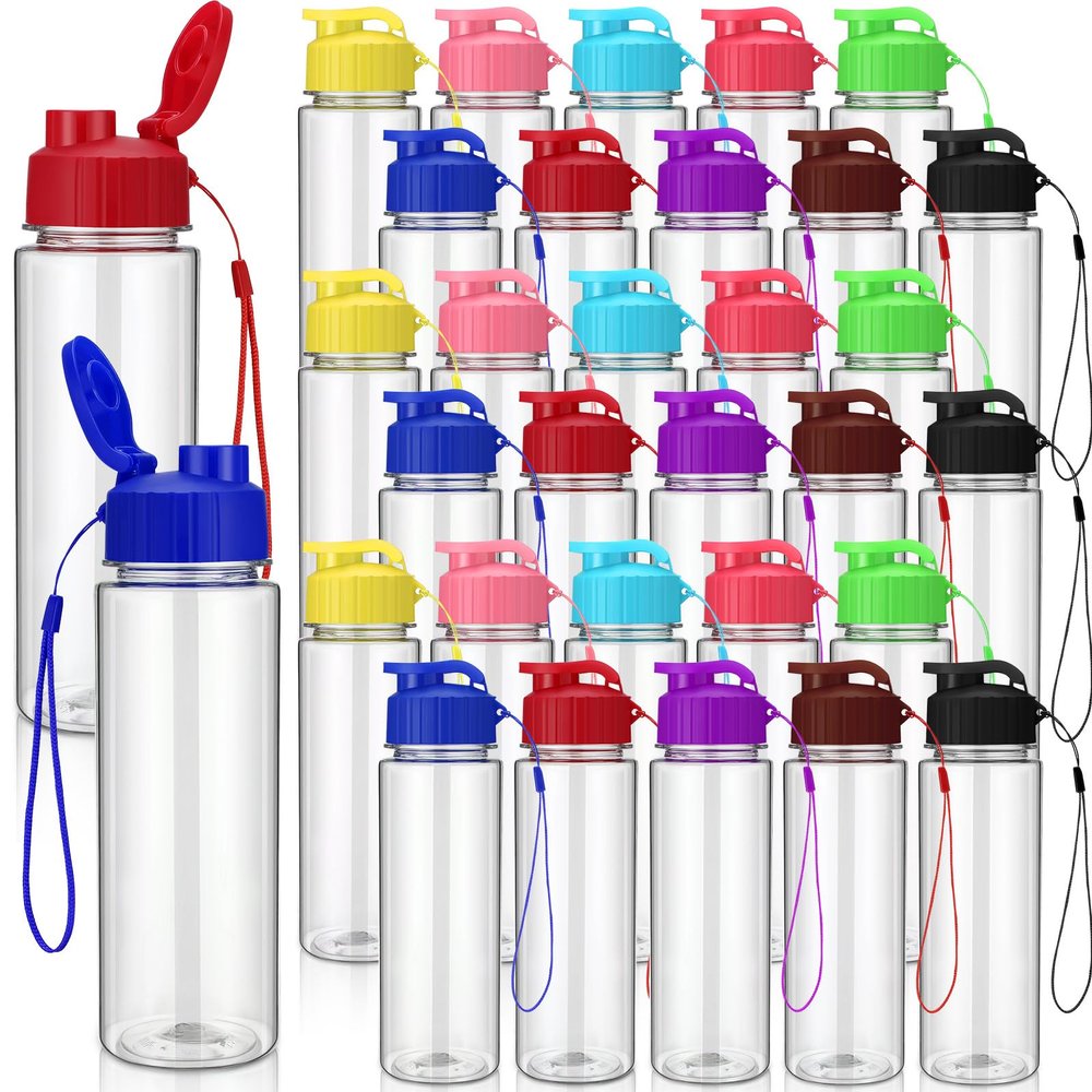 Maxcheck 30-Pack Plastic Water Bottles with Wrist Straps, Leakproof, 482 ml, Multicolor